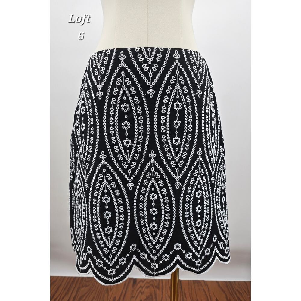 LOFT Black White Embroidered Skirt Size 6 NWT Scalloped Hem Boho Cottagecore